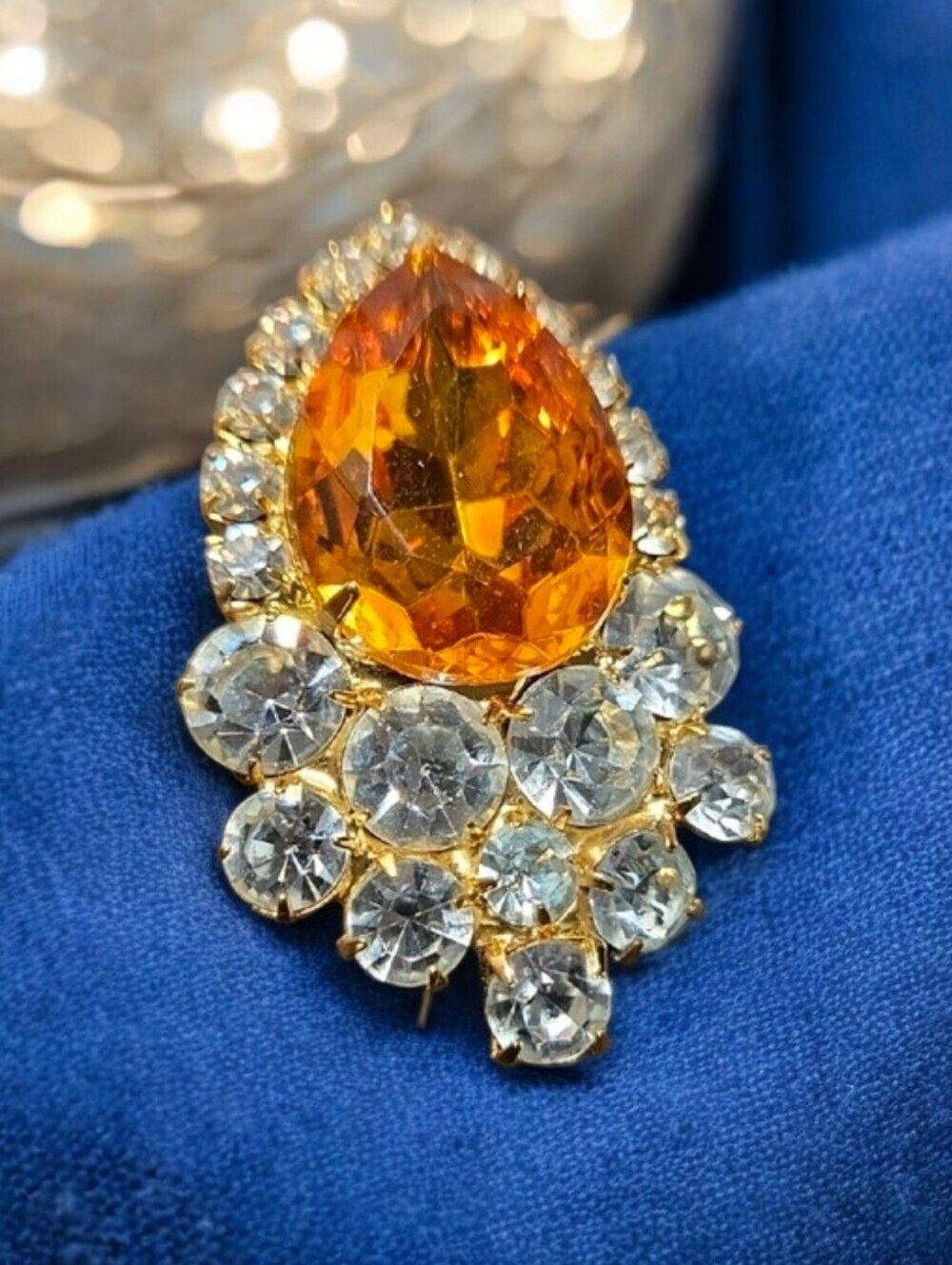 Gold-Tone Amber Teardrop & Clear Crystal Cluster Brooch Necklace Pendent - Picture 1 of 12